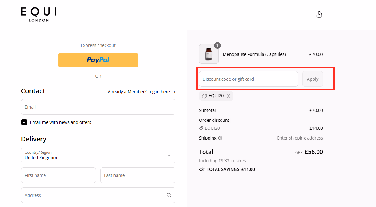 Equi London checkout page and box for discount code.